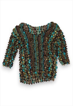Green olive turquoise textured popcorn Y2K top
