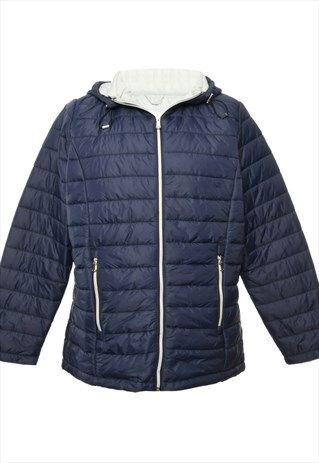 BEYOND RETRO VINTAGE HOODED NAVY PUFFER JACKET - L