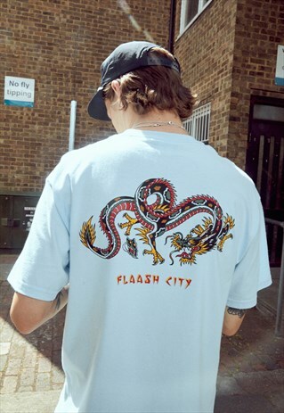 LIGHT BLUE T-SHIRT WITH DRAGON PRINT