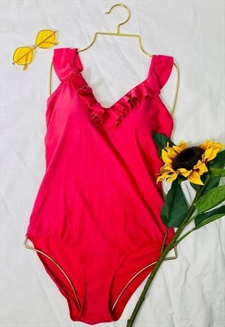 Vintage 90's Frill Strap Bright Pink Swimsuit