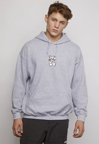 CHEEKY CAT EMBROIDERED GREY HOODY