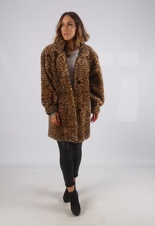 VINTAGE FAUX FUR COAT JACKET LEOPARD PRINT UK 12 (HBE)