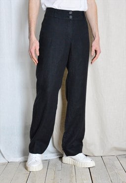 Y2K Unisex Black Minimalist Linen Cotton Mix Pants