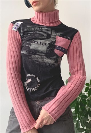 Vintage Y2K 00's Black & Pink Turtleneck Sweater Jumper