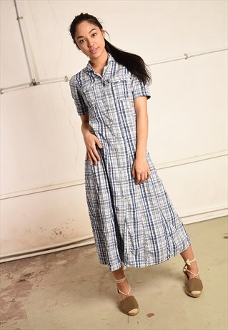 VINTAGE 90S RETRO PARIS CHIC MIDI DRESS WITH CHECKED PRINT