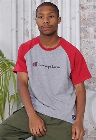 VINTAGE CHAMPION BIG LOGO T-SHIRT GREY AND RED