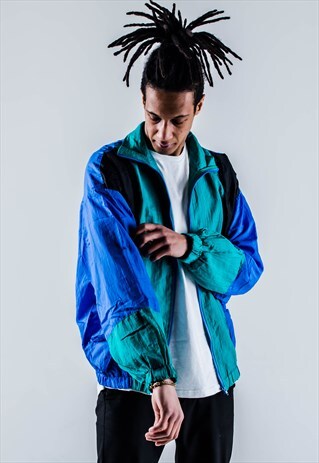 VINTAGE 90S SHELL-SUIT JACKET IN BLUE, TURQUOISE AND BLACK