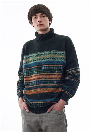 VINTAGE BENETTON SWEATER HIGH NECK KNITTED 90S GREEN