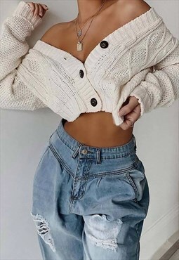 Cream Cable Cropped Button Up Cardigan 
