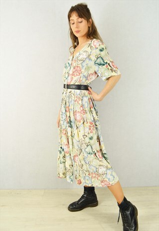VINTAGE 80S MIDI DRESS CROSS BACK FLORAL