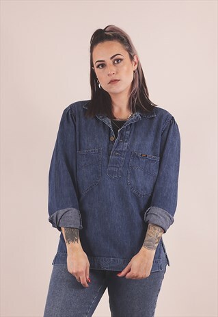 VINTAGE BLUE DENIM LEE PULLOVER SMOCK SHIRT /A6022