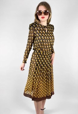 70's Vintage Yellow Brown Long Sleeve Dress Gold Lurex