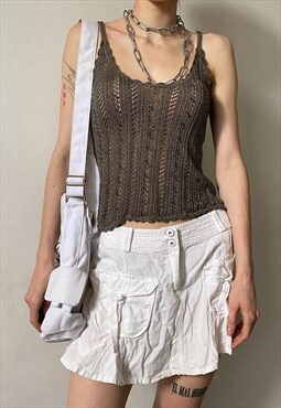 Vintage Y2K 00s beaded crochet cami top in khaki green