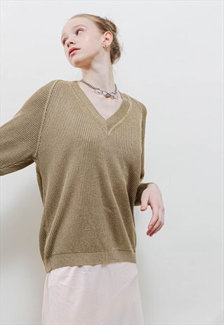VINTAGE Y2K PREPPY MOSS GREEN V-NECK KNIT JUMPER M