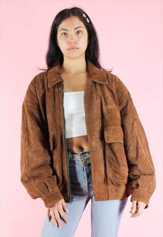 VINTAGE 90S Y2K BROWN OVERSIZED LEATHER BOMBER JACKET
