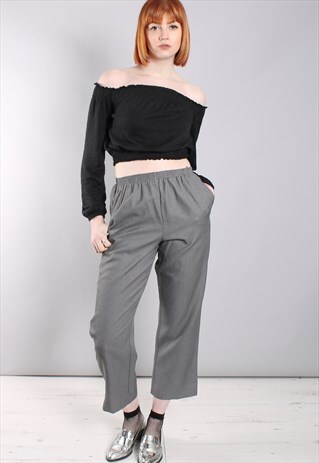 VINTAGE 80S GREY TEXTURED HIGH WAISTED CROPPED TROUSERS