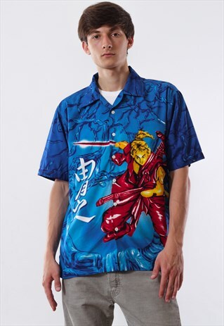 VINTAGE HAWAIIAN 90S BLUE ALOHA SAMURAI PATTERNED PRINTED