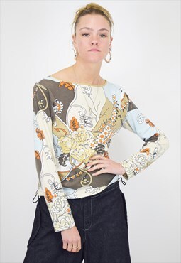 Vintage Y2K Top Graphic Floral Embroidered Print Long Sleeve