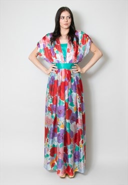 70's Vintage Grecian Multi Coloured Floral Maxi Dress