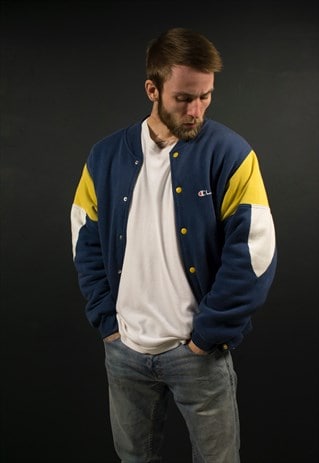BLUE AND YELLOW CHAMPION VARSITY JACKET