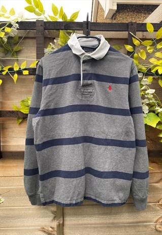 RETRO POLO RALPH LAUREN GREY BLUE RUGBY SHIRT SMALL