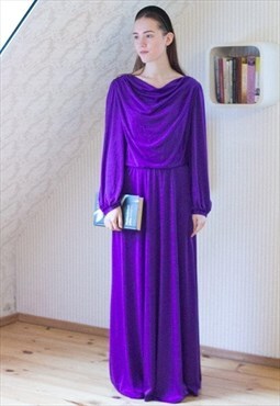 Bright purple cowl neck long maxi dress with open back