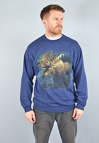 VINTAGE NAVY BLUE RETRO MOOSE ANIMAL PRINT SWEATSHIRT
