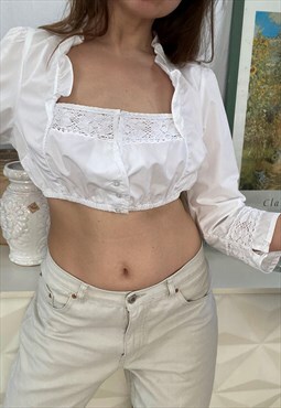 Vintage 90s Boho Milkmaid white crop top blouse