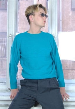 Vintage 90's Turquoise Knitted Baggy School Jumper / UNISEX