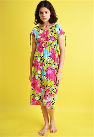CUTE VINTAGE 80'S RETRO FLORAL PATTERN SMOCK MIDI DRESS
