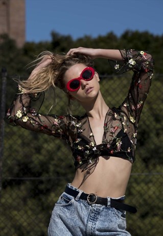 SHEER EMBROIDERED TIE UP CROP TOP