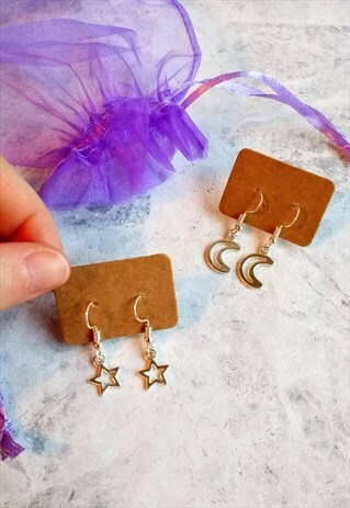 MOON AND STAR EARRINGS 2 PAIR SET