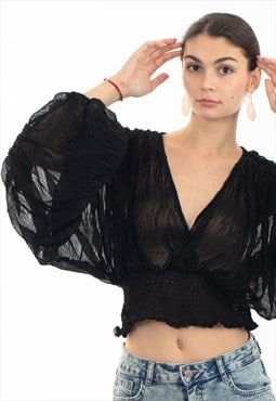 Elaticated body and sleeves oversized top in Black