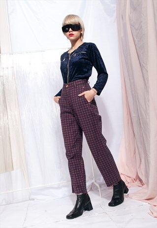 VINTAGE PLAID JEANS 80S CROPPED CHECKED HIGH WAIST TROUSERS