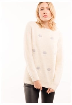 Long Sleeve Fluffy Jumper with Cloud Design in cream