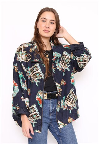 VINTAGE 80S CHRISTMAS PRINT SILK BOMBER JACKET