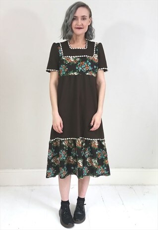 VINTAGE 70'S BROWN FLORAL BOHO DRESS W/ WHITE TRIM