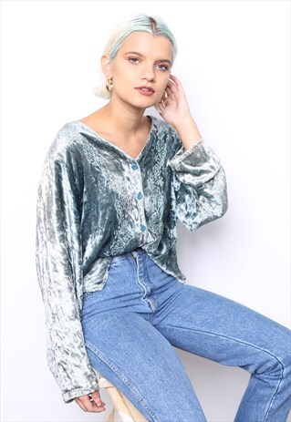 VINTAGE 90 CREAM CRUSHED VELVET EMBROIDERED BLOUSE