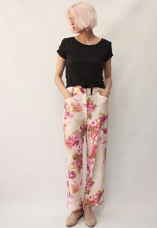 VINTAGE 90' BEAUTIFUL FLOWER PINK ELEGANT TROUSERS