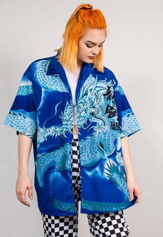 90'S VINTAGE Y2K BLUE DRAGON ORIENTAL OVERSIZE SHIRT