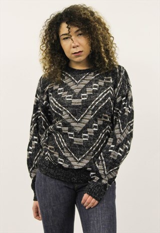 VINTAGE 1980S BLACK AND BROWN PATTERNED JUMPER