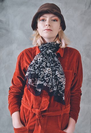 VINTAGE CHIFFON FLORAL PRINT SCARF IN BLACK