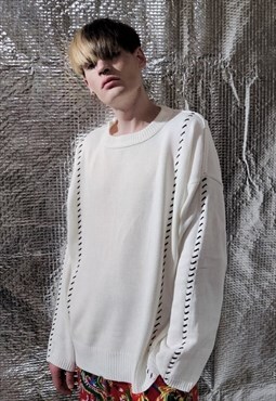 Distressed knitwear sweater reworked rip knit jumper white
