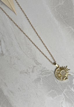 Gold Diamante Sun Moon Dainty Charm Pendant  Necklace