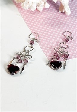 Y2K Silver and Purple Heart Glass Boho Drop Earrings