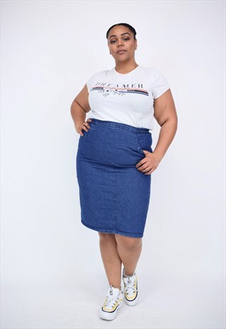 VINTAGE 90'S DENIM MIDI SKIRT WITH EMBROIDERED POCKETS