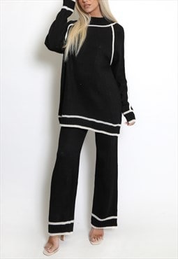 High Neck Knitted Jumper And Wide Leg Trouser Set In Black