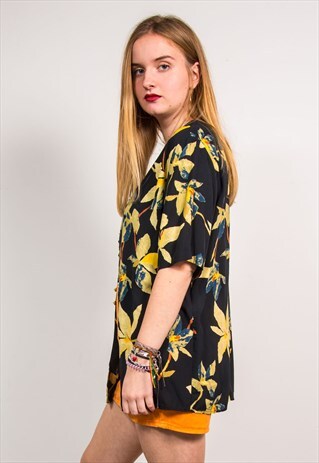 VINTAGE 90'S BLACK FLORAL PRINT SHORT SLEEVE SHIRT BLOUSE