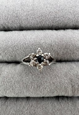 Vintage Silver Ring floral flower clear black gem stone