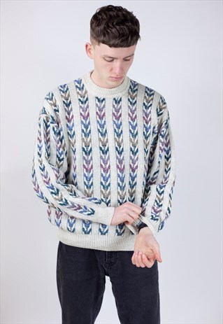 VINTAGE 90S MULTICOLOURED PATTERNED CREAM JUMPER